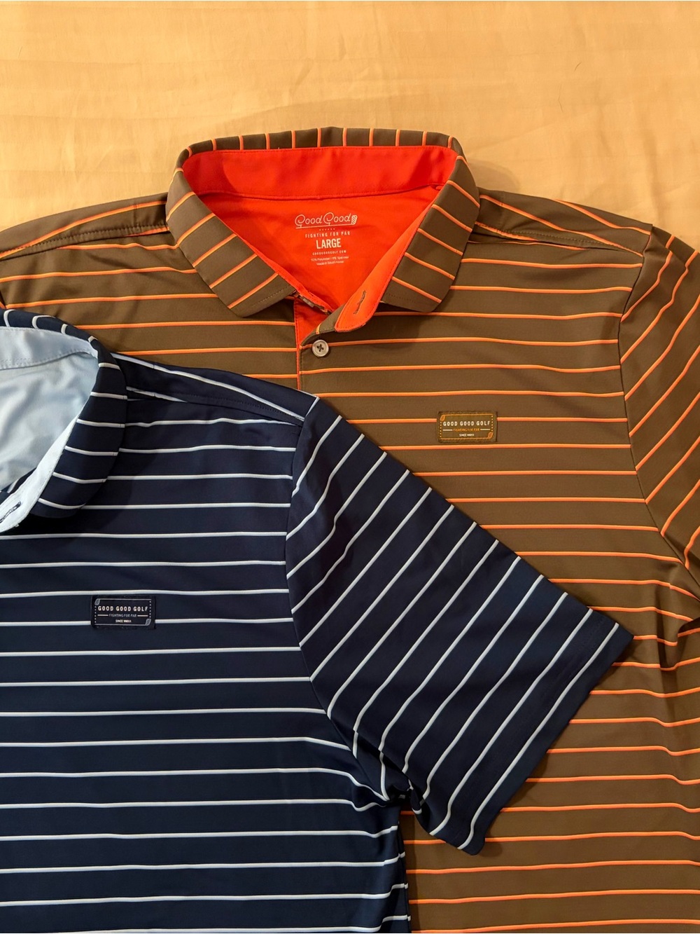 Good Good Golf Polo Mens Large Brown Orange Blue Striped Stretch Performance (2)